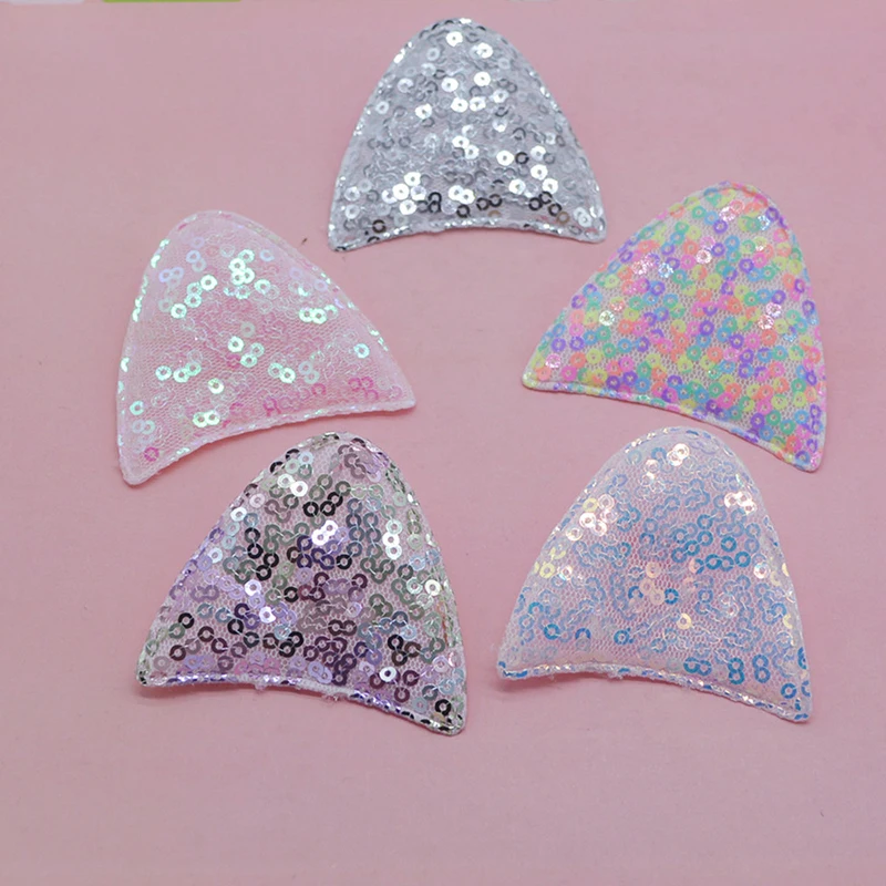 5.8*5.5cm 30pcs/lot Sequin cat Ear Padded Applique for DIY Children Hair Accessories, Appliques For Clothes Sewing Supplies