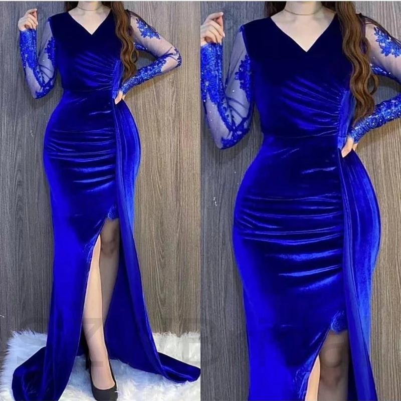 Custom made V Neck Mermaid Evening dresses 2025 Velvet Royal Blue Muslim dress Women Abiye Dubai Evening gowns