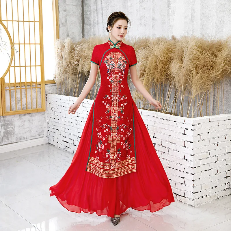 

Red Short Sleeve Cheongsam Large Size S-5XL Elegant Women Mandarin Collar Party Dress Spring Evening Qipao Lady Button Vestido