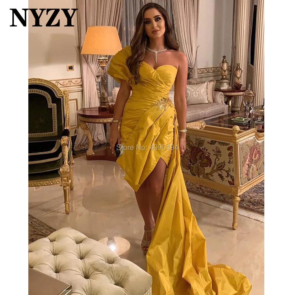 

NYZY E321 Chic One Shoulder Gold Taffeta Red Carpet Celebrity Party Dress Evening Dresses Short vestido coctel