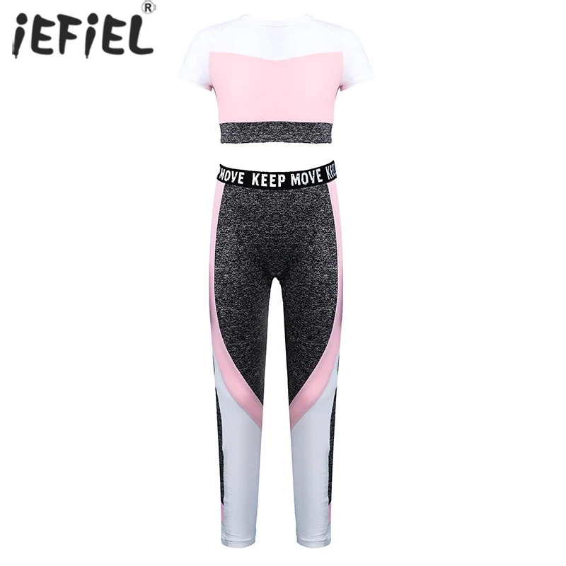 

Kid Girl Seamless Yoga Set Workout Sportswear Gym Clothing Fitness Short Sleeve Crop Top Letter High Waist Leggings Sports Suits