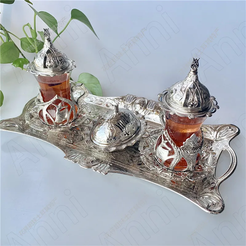 Tulip Hollow Metal Glass Turkish Coffee Cups Classical Court Coffee Mug Glass Cup with Sugar Dish Spoon Set Afternoon Tea Set