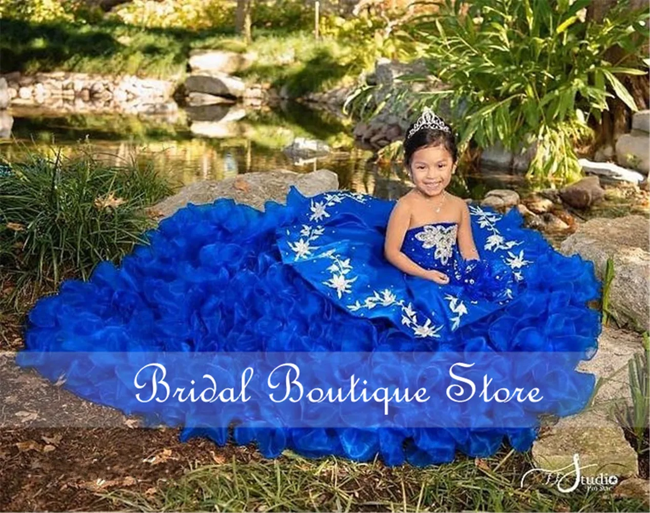 Vestido de princesa azul real para niños, vestidos de desfile con cristales y diamantes de imitación, vestido de niña con flores hinchadas, fotografía personalizada