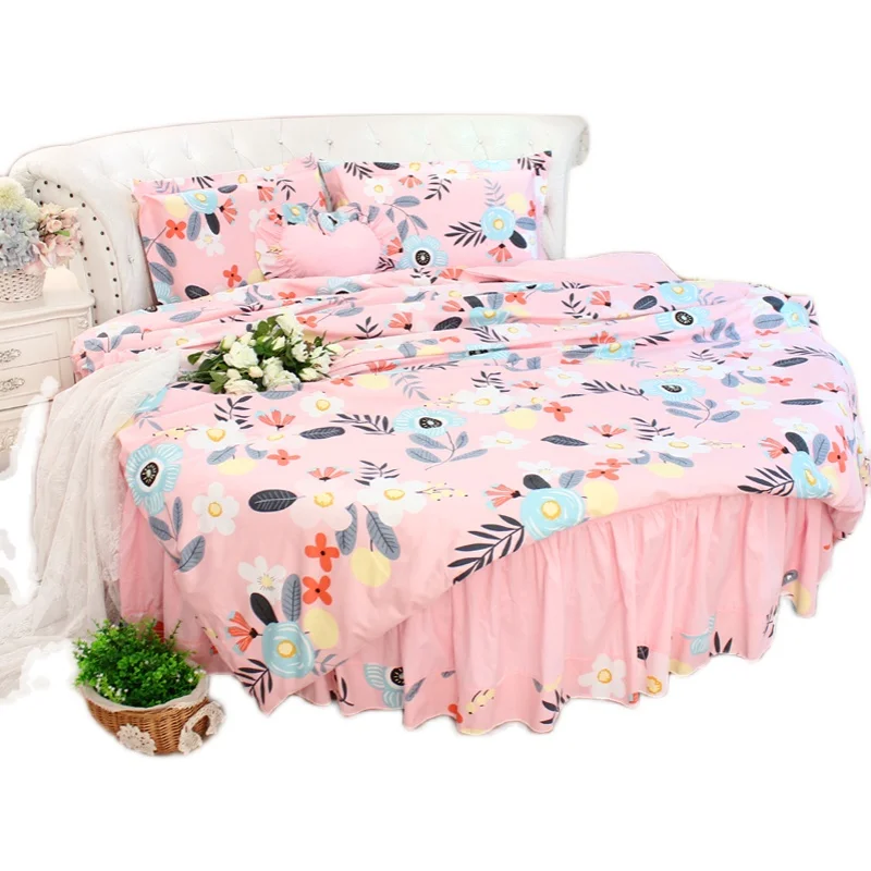 Pink LACE Round Bedding sets Wedding Home Cotton Duvetcover Bedsheet Pillowcase sets super king sizes 6.6 -9feet customer sized