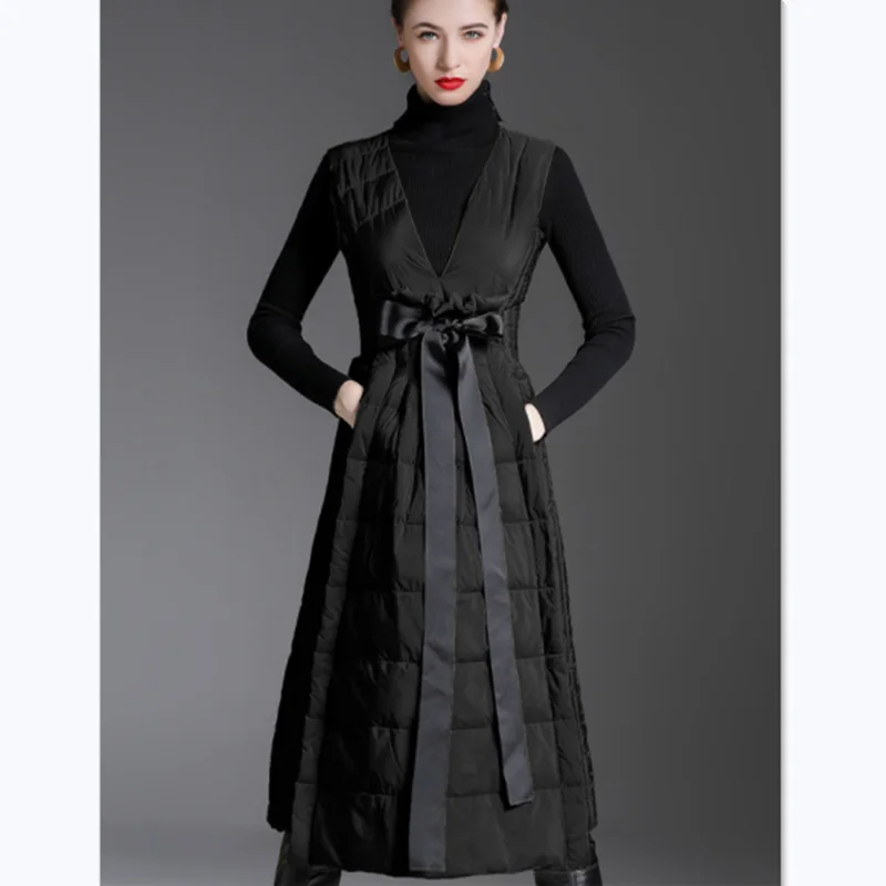 Autumn And Winter Duck Down Long Skirt Thin And Warm Waist Waist And Big Swing Sleeveless Pullover Down Jacket Women Long Dress