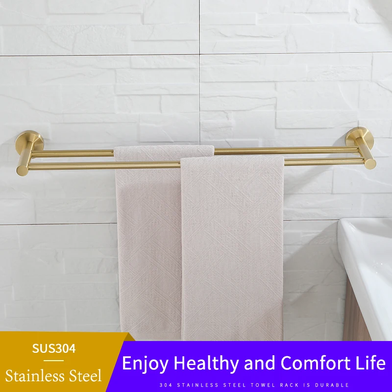 Vibrant Moderne Brushed Gold Towel Racks Fashion Gold Color Double Bar 304 Stainless Steel Bathroom Accessories Wall Mounted