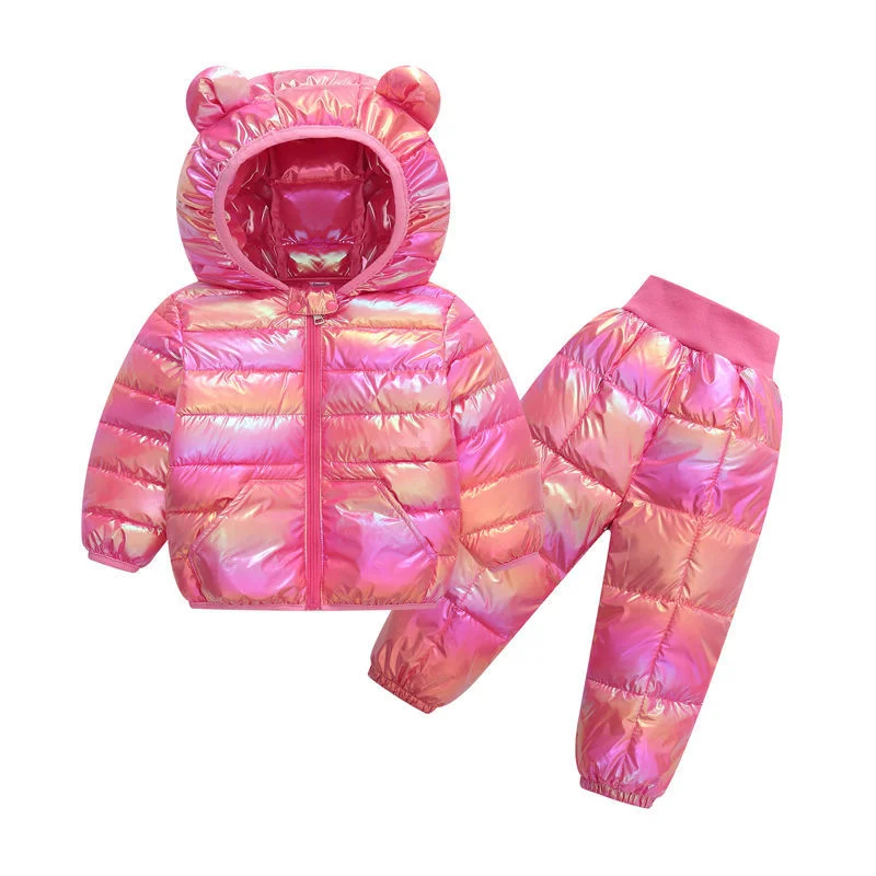 

Children Clothing Sets Baby Kids Warm Hooded Down Jackets Pants Bright Surface Clothing Winter Girls Boys Snowsuit Coats Pants
