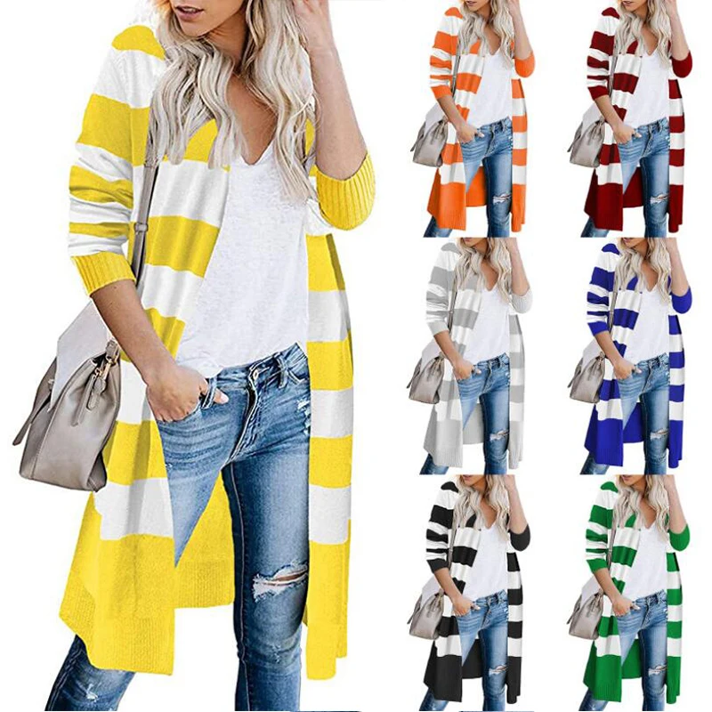 

Autumn new sweater color matching stripes long cardigan women's sweater slim Joker coat women