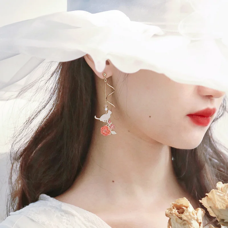 Chinese Style Folding Fan Crane Carp Lotus Asymmetrical Long Tassel Dangle National Style Earrings for Women Jewelry Gift