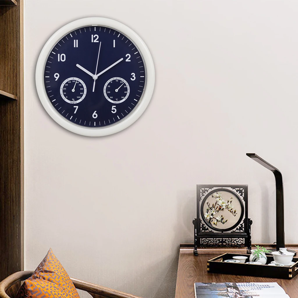 Silent Wall Clock with Thermometer and Hygrometer Display, Non Ticking Quartz Sweep Movement Battery Operated for Home, Office