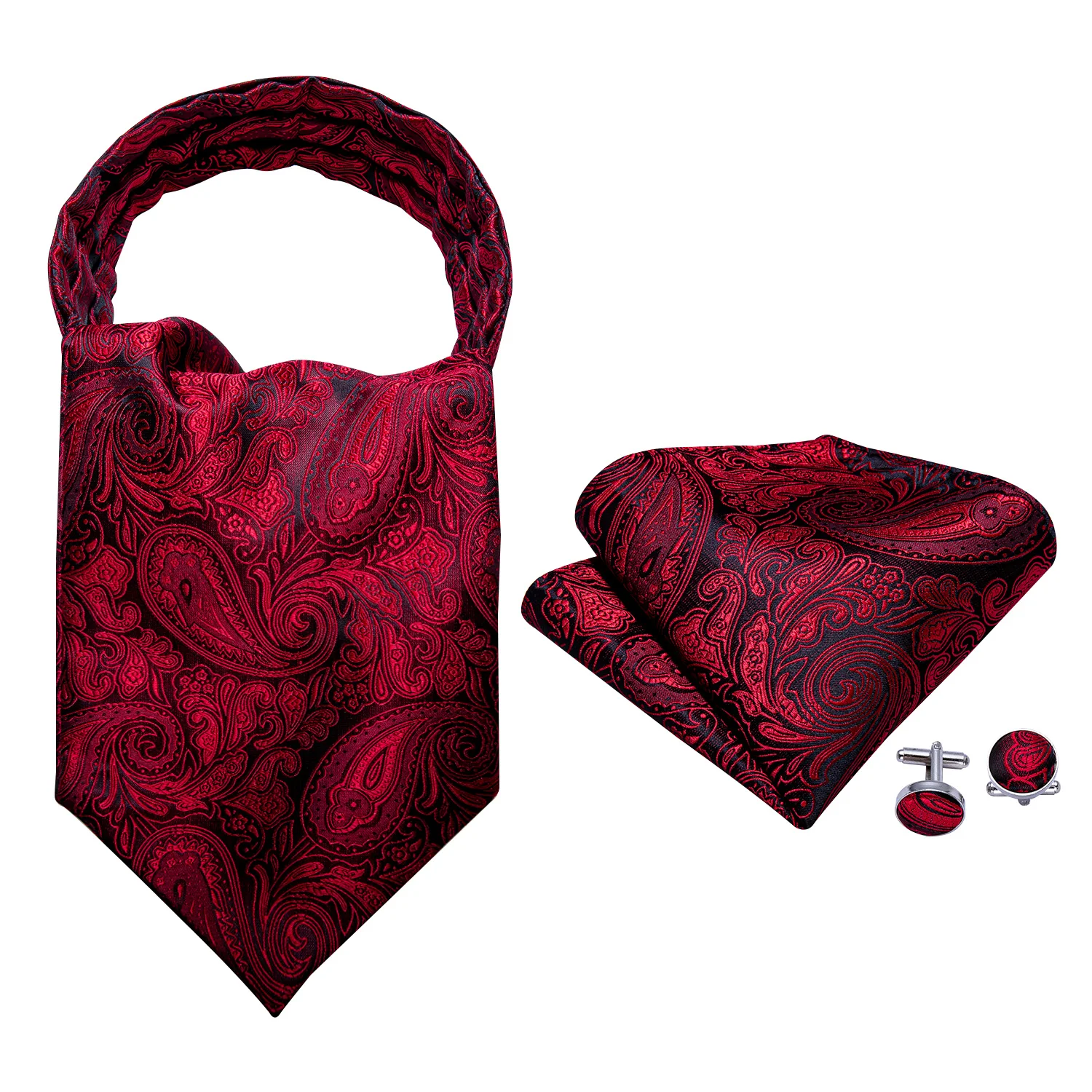 Silk Cravat Ascot Tie For Men Scarf  Suit Wine Red Mens Neck Wear Jacquard Set Fashion Pocket Square Cufflinks Barry.Wang AS-001