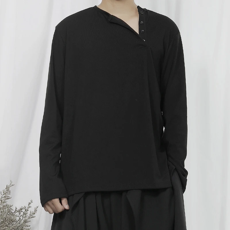 Men's Long-Sleeve T-Shirt Spring And Autumn New Simple Button Design Korean Fashion Casual Loose Large Size Jacket