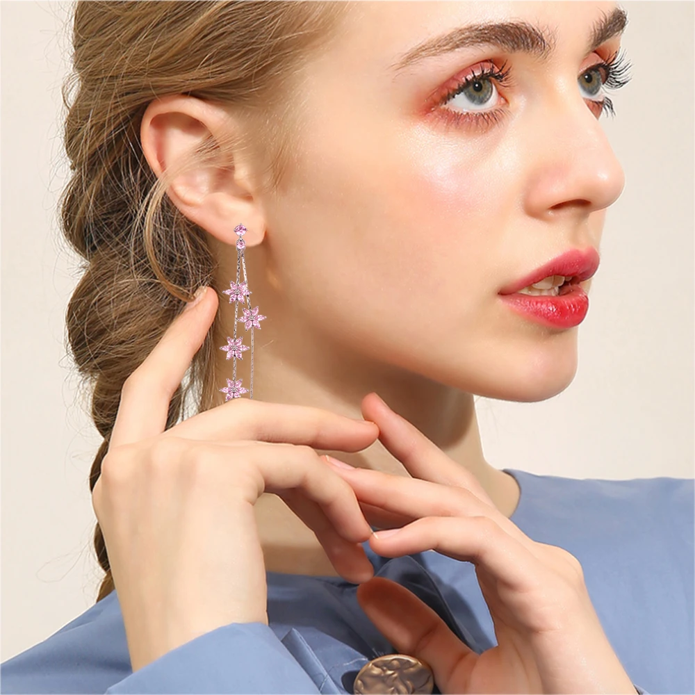 Grace Jun AAA Cubic Zircon Flower Clip on Earrings and  Dangle Drop Earrings for Women Party Wedding Bridal Costum Jewelry