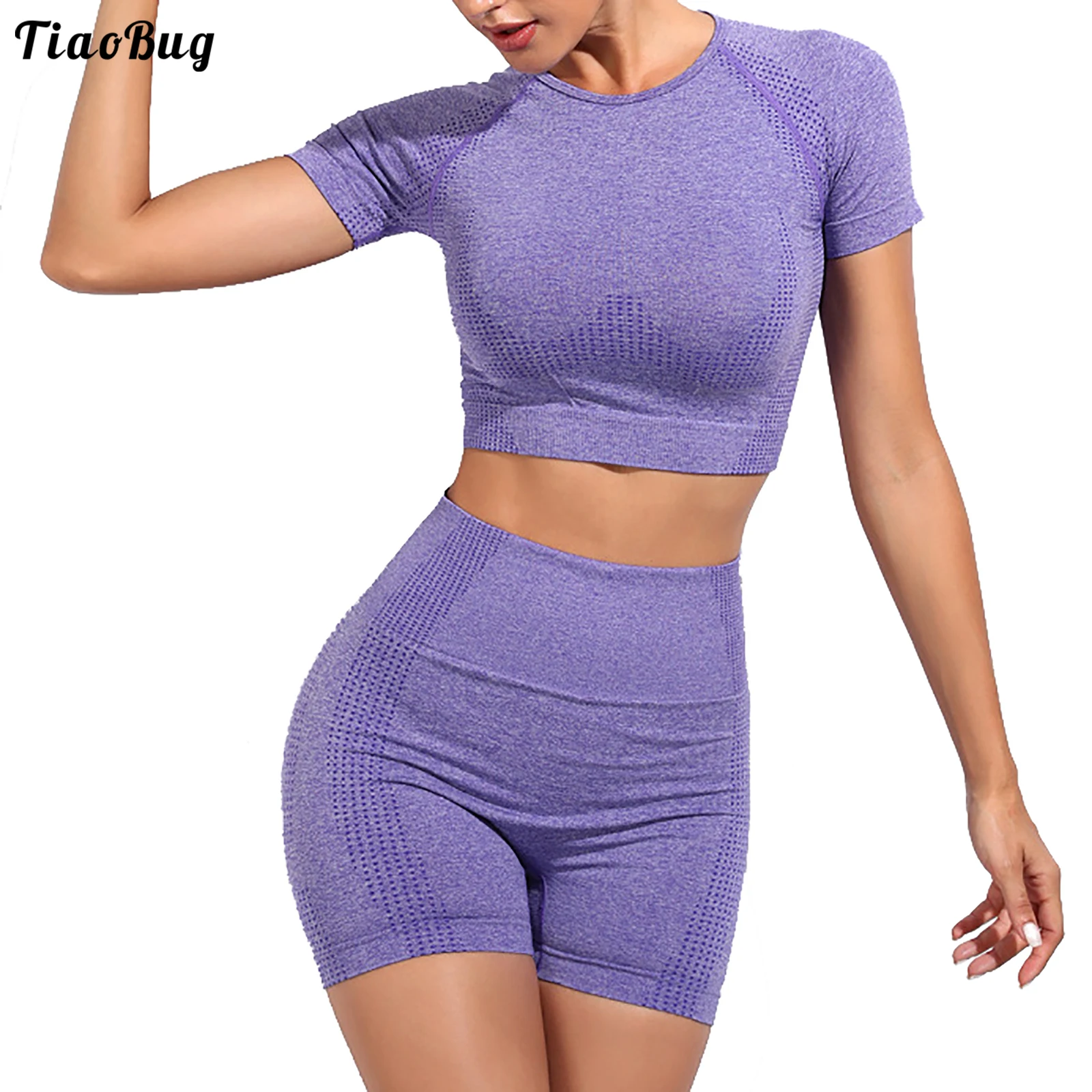 

Summer Women Seamless Yoga Outfits 2Pcs Workout Gym Fitness Sweat Suit Round Neck Short Sleeve Crop Top With Shorts