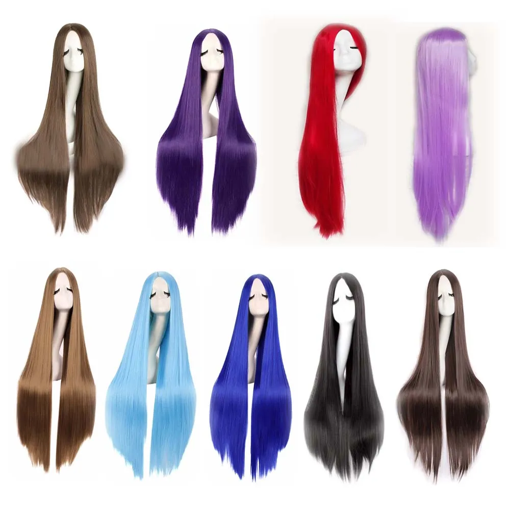 Similler Women Synthetic Long Cosplay Wigs Straight Hair Black White Heat Resistance Fiber Central Parting