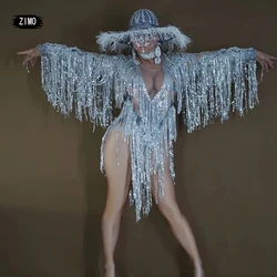 Sparkly pullu Fringe gümüş Bodysuit kadın dansçı gösterisi Leotard kutlamak kıyafet balo Bar doğum günü gece kulübü gogo kostümleri