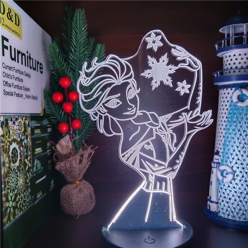 Frozen Princess 3D Visual Lamp Anna Elsa Olfa Figurine LED Night Light Acrylic Illusion Table Lamp Home Decor Kids Toys