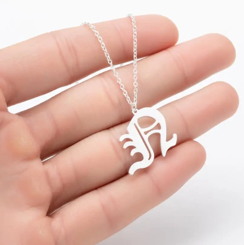 Gothic Old English Initial Necklace Stainless Steel Monogram 26 Letter Alphabet Necklace Jewelry Accessories Collier Femme