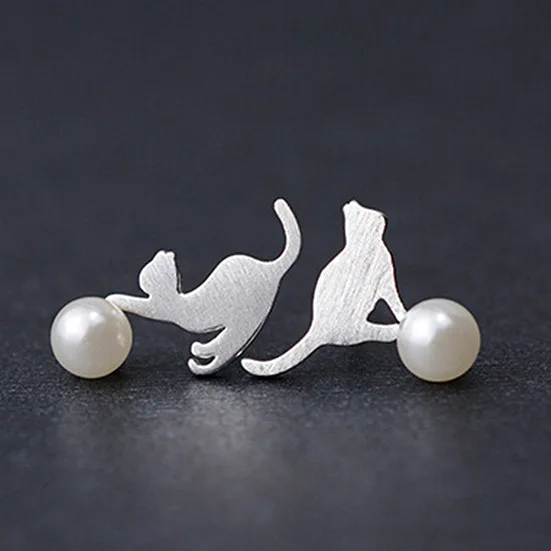 REETI 925 sterling silver Cat  pearl asymmetric Stud Earrings for Women Elegant Wedding Jewelry pendientes mujer moda Brincos
