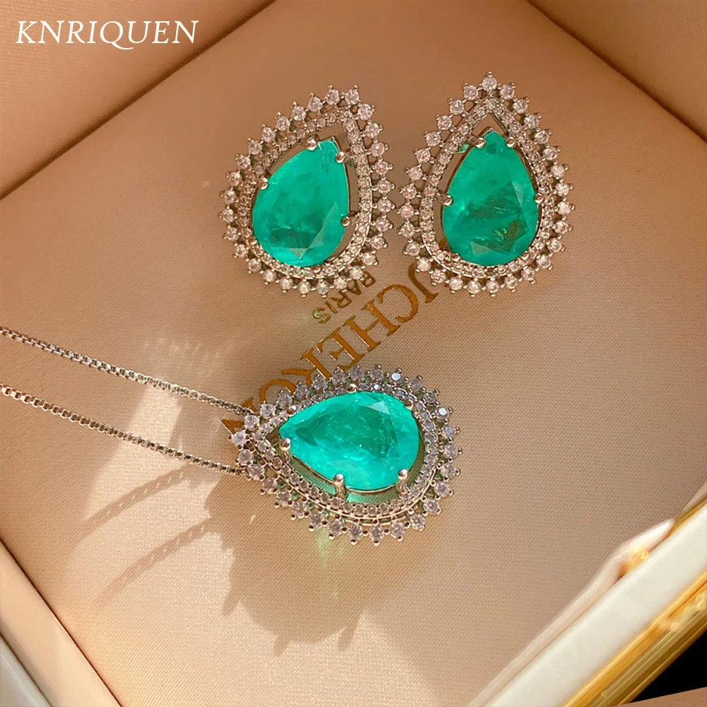 2021 New Arrival Pear-Shape Paraiba Tourmaline Gemstone Lab Diamond Pendant Necklace Stud Earrings Jewelry Sets Gifts for Women