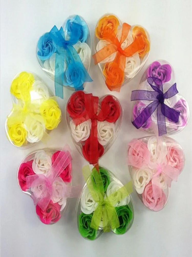 

New Beautiful Heart Shaped Bicolor Rose Soap Flower (6pcs / box) Bath Soap Flower For Romantic Wedding Favor Valentines Day Gift