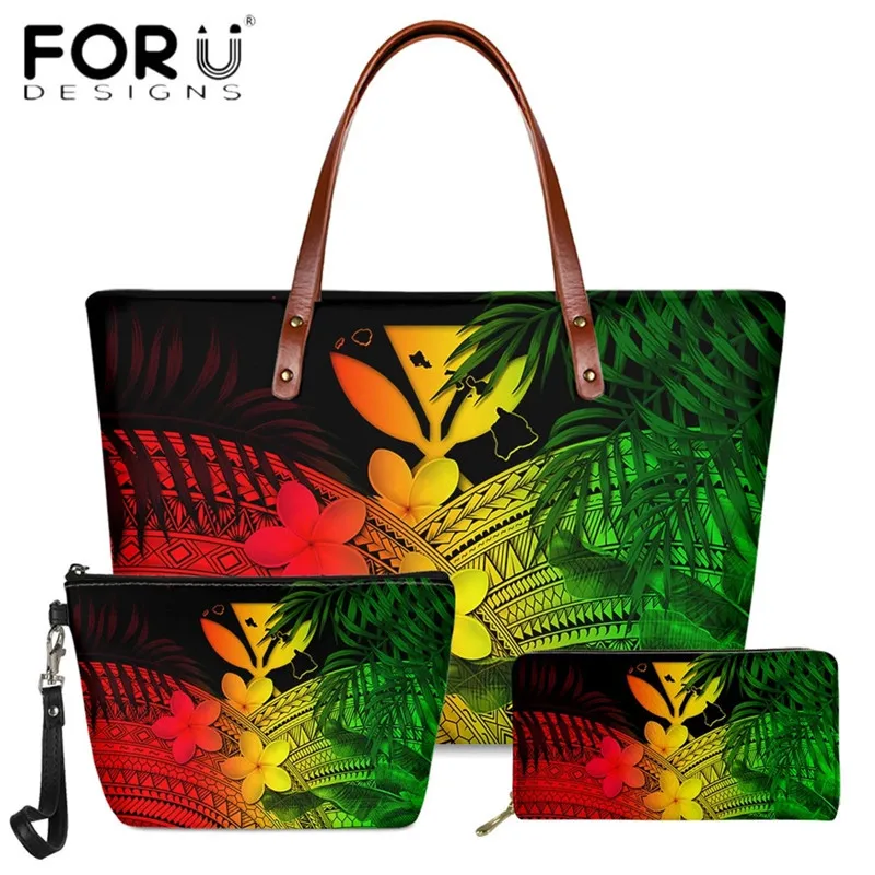 

Handbags Customize Set Gradient Color Hawaiian Maoli Tribe Polynesian Plumeria Shoulder Totes Bags Female Large Capacity Totes