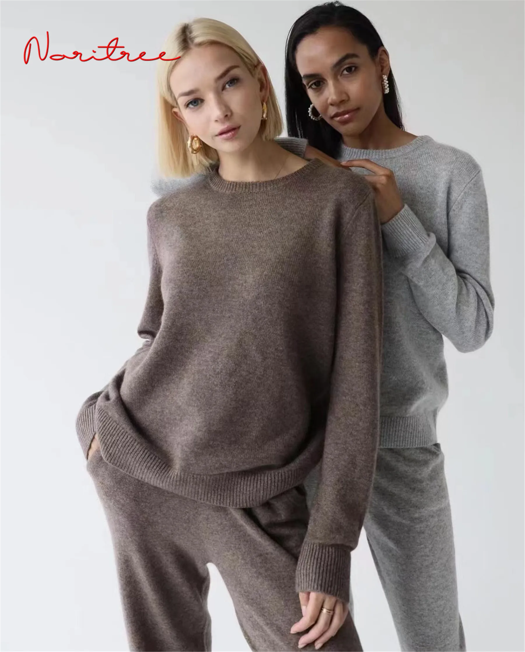 Luxury Asymmetry Two Pieces 45% Cashmere + 30% Wool Suits Female Warm Mink Cashmere Knit Tops +  Wide Leg Wool Pant Sets wy548