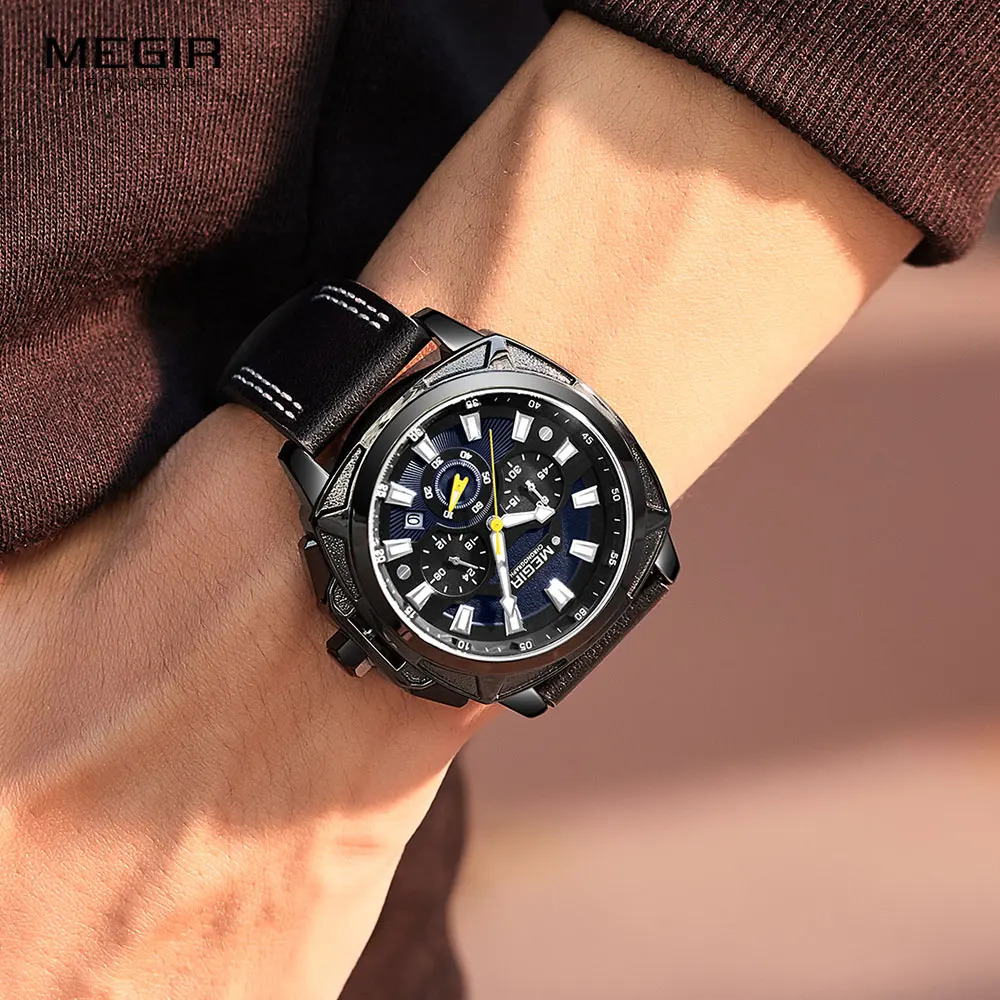 Imagem -05 - Megir-relógio de Pulso Masculino com Pulseira de Couro Impermeável Quartzo Militar Esportes Cronógrafo Luxo Marca Top 2128