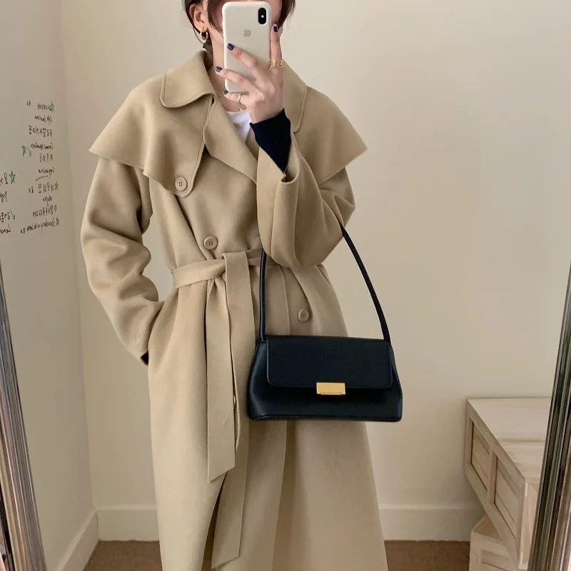 

Women Winter Vintage Elegant Long Wool Coat Double Breasted Woolen Overcoat Sashes Outerwear Female