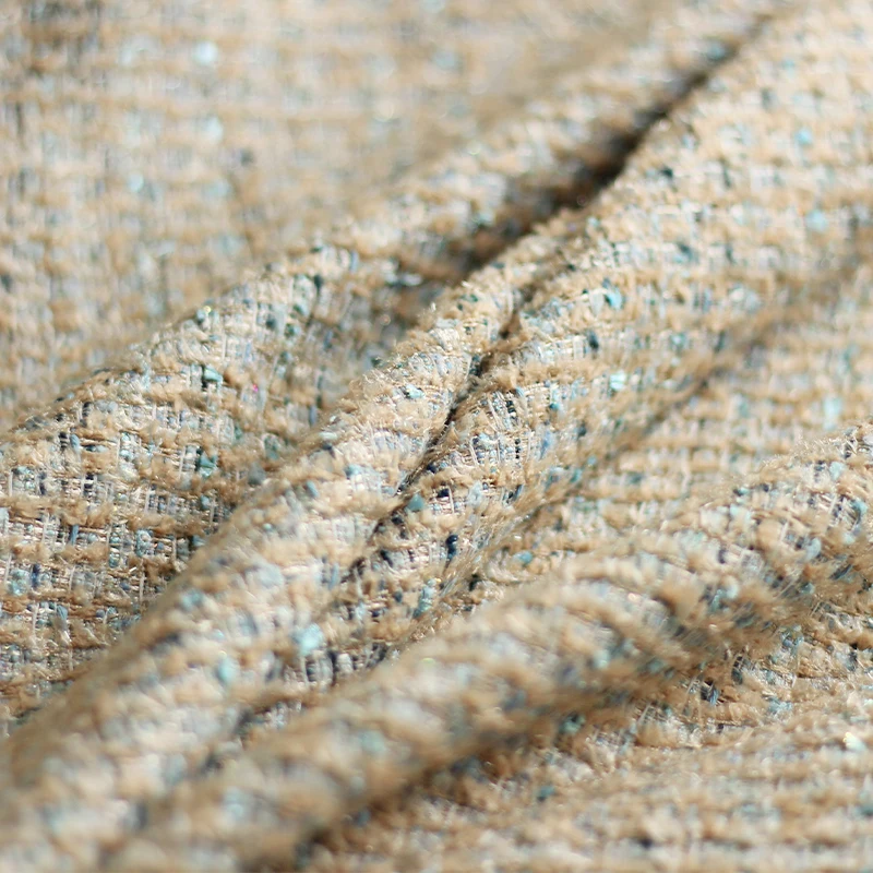 50x145cm France Camel And Blue Ribbon Yarn Dyed Braided Tweed Fabric For Woman Autumn Jacket Dress Suits Coat DIY Sewing