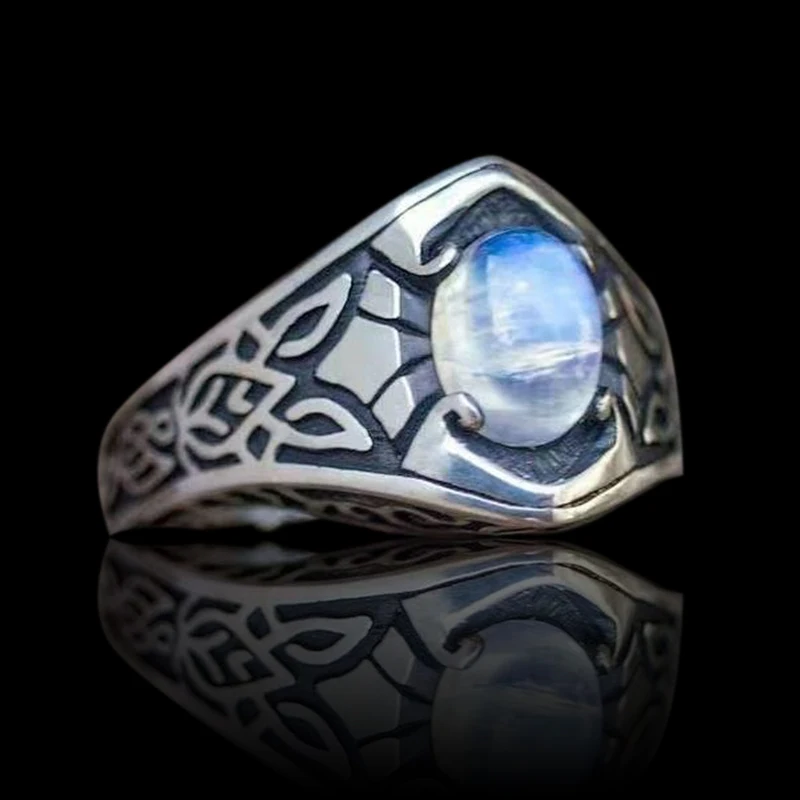 2026 Vintage Pattern Oval Imitation Moonstone Rings for Women/Men Wedding Jewelry Aniversary Gift Fashion Stainless Steel Rings