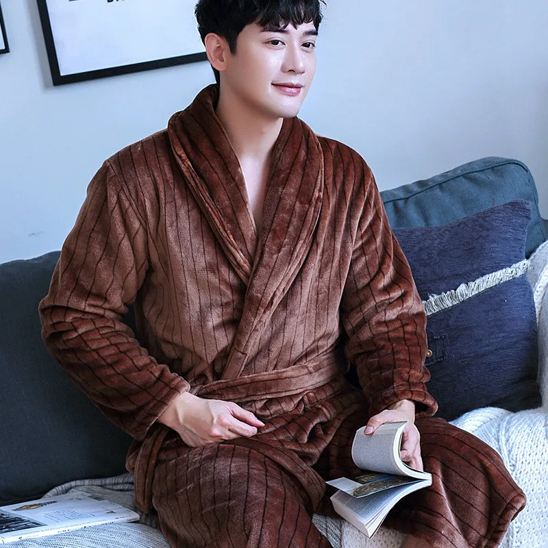 

H5960 Men Thickened Robe Coral Velvet Autumn Winter Bathrobe Nightgown Flannel Plus Size Household Clothes Long Sleeve Nightwear