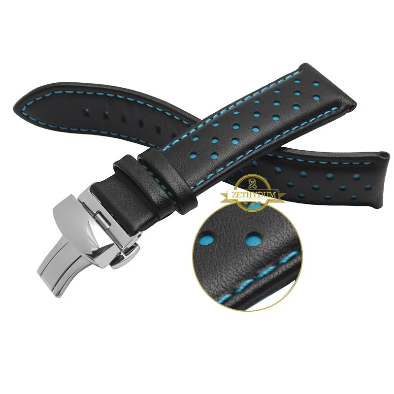 Genuine leather watchband charm leather bracelet sport watch strap 20 22mm mens wristwatches band belts black blue red stitched