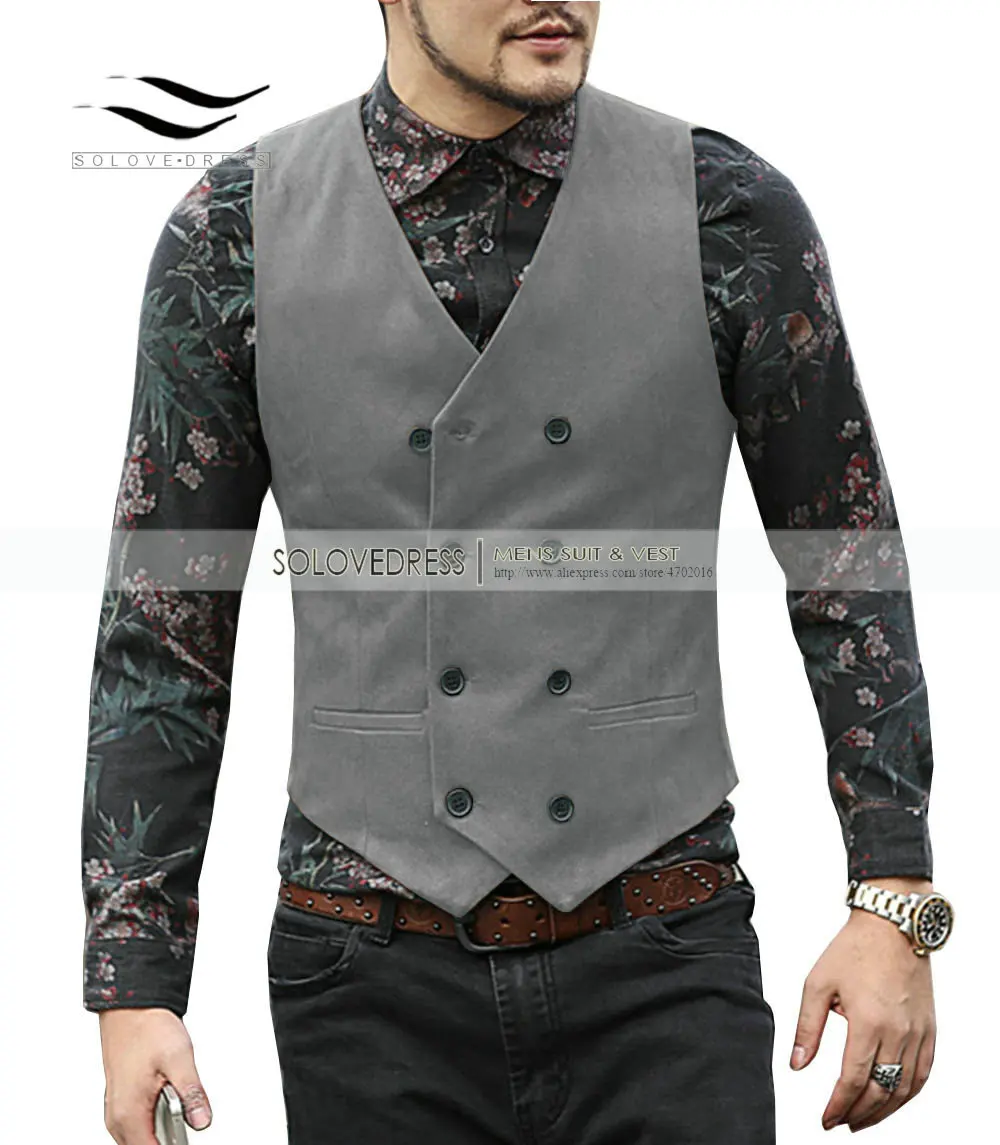 Chaleco de ante para hombre, traje informal con doble botonadura y cuello en V, chaqueta clásica/vintage/denim para padrinos de boda, marrón,