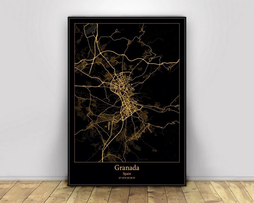 Granada Spain Black&Gold City Light Maps Custom World City Map Posters Canvas Prints Nordic Style Wall Art Home Decor