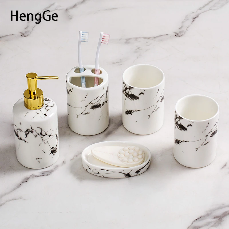 Northern Europe Fashion Marbling Ceramics Bathroom Five-piece Suit Bathroom Wash Cup Toothbrushing Cup Hotel Home Decorate