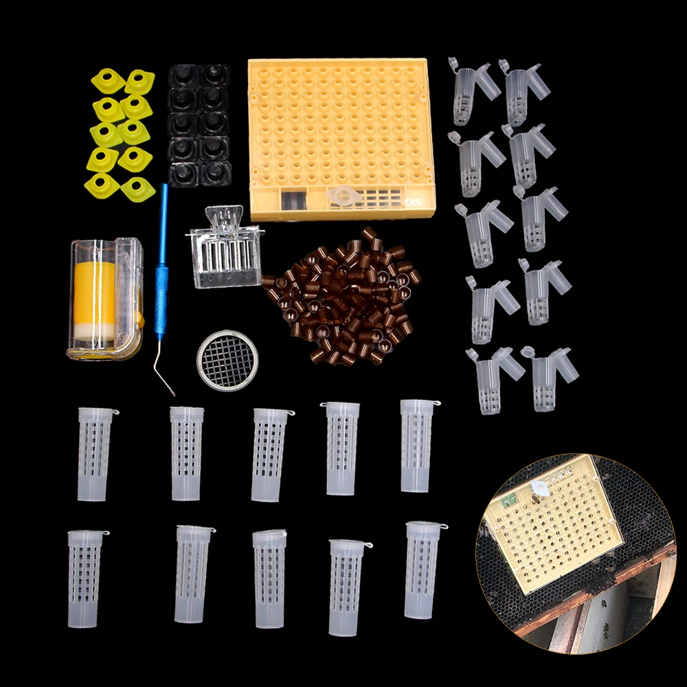 1SET Complete Queen Bee Rearing System Kit Plastic Cage Marker Bottle Transfer Needle Cell Base Clip Protection Cover Supplies