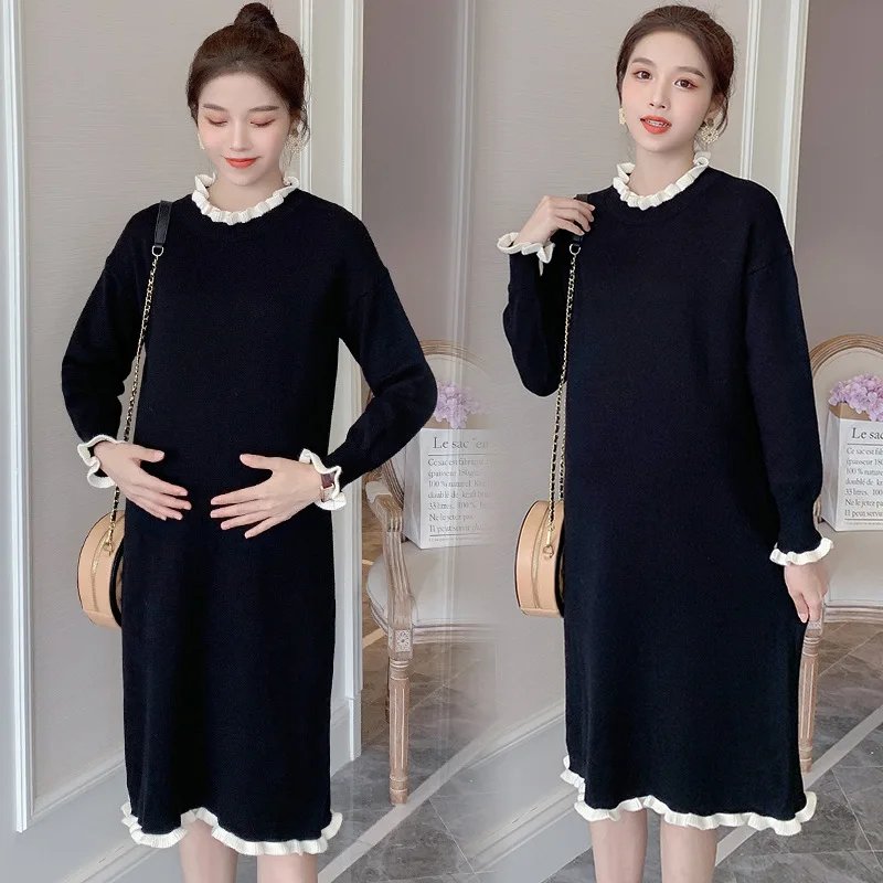 Autumn Winter Korean Fashion Thick Knitted Maternity Long Dress Black Clothes for Pregnant Women Pregnancy Casual Dress