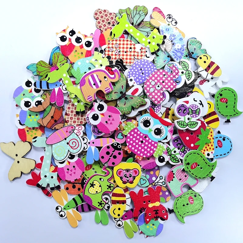 50Pcs Mixed Cartoon Animal Wooden Buttons 2 Holes Scrapbooking Crafts DIY Kids Clothing Accessories Sewing Wood Button Decor