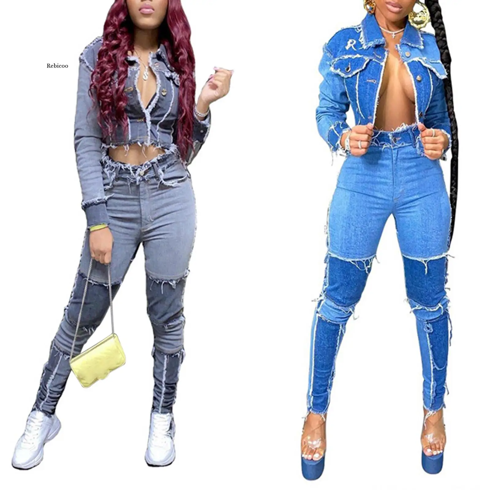 

Women Jeans New High Waist Ripped Destroyed Pants Demin Patchwork Bodycon Tassels Bodycon Slim Pencil Jeans Sets Club