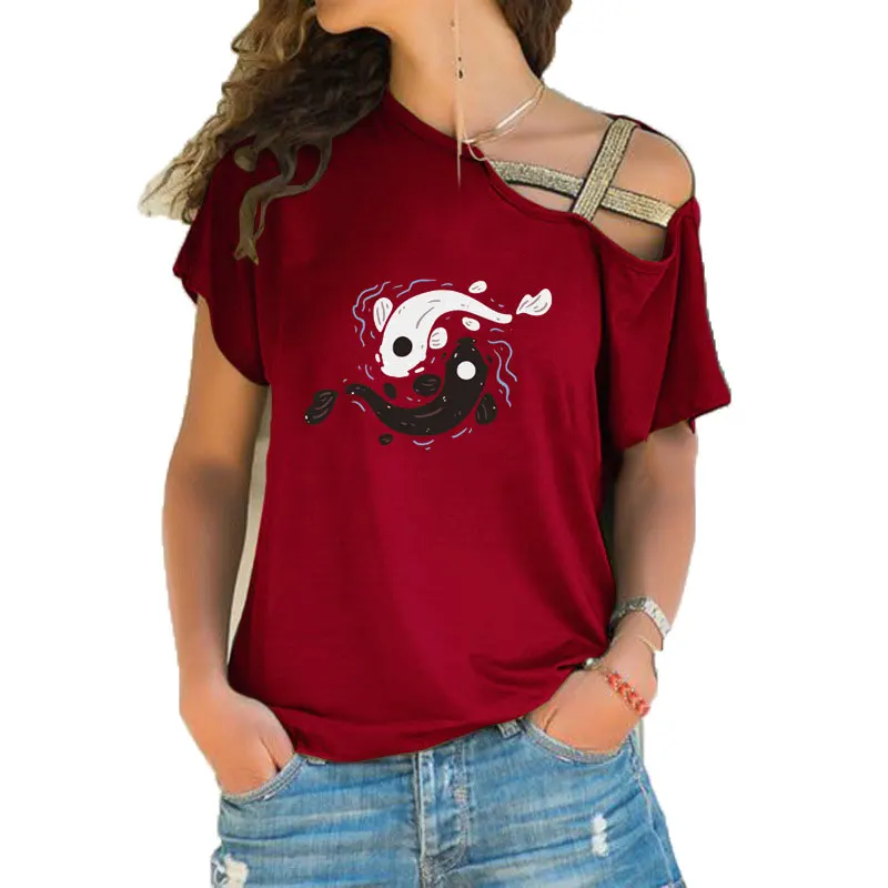 Nova moda verão t camisa feminina peixes impressão tshirts de manga curta vintage casual irregular skew cruz bandagem t topo