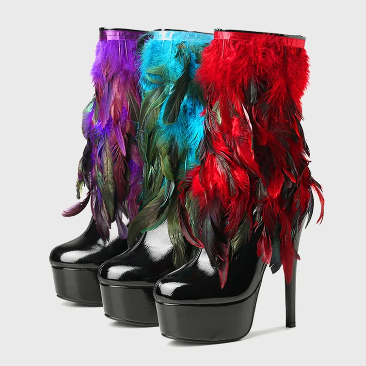 Women Multicolor Feather Tassel Patform Ankle Boots Black Patent Leather Pointed Toe Super High Heels Stage Show Fringed Booties