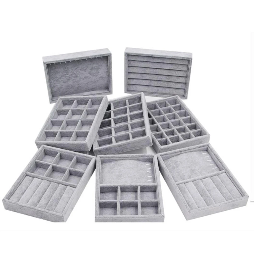 

Grey Stackable Jewelry Organizer Trays Muti-use Earring Storage Holder Velvet Display Case Bracelet Holder Necklace Showcase