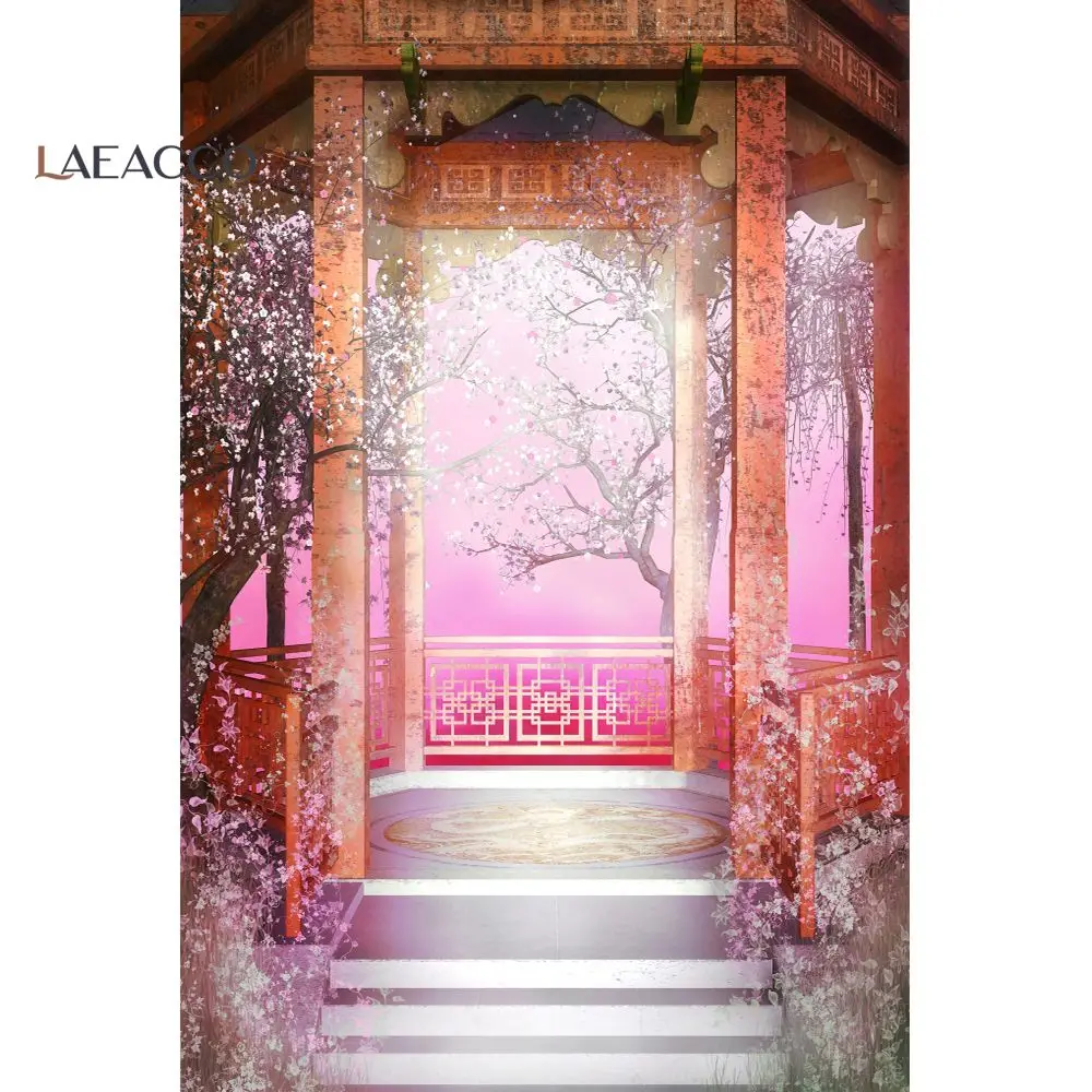 

Laeacco Dreamy Chinese Pavilion Peach Blossom Natural Scene Photographic Background Photography Vinyl Backdrops For Photo Studio