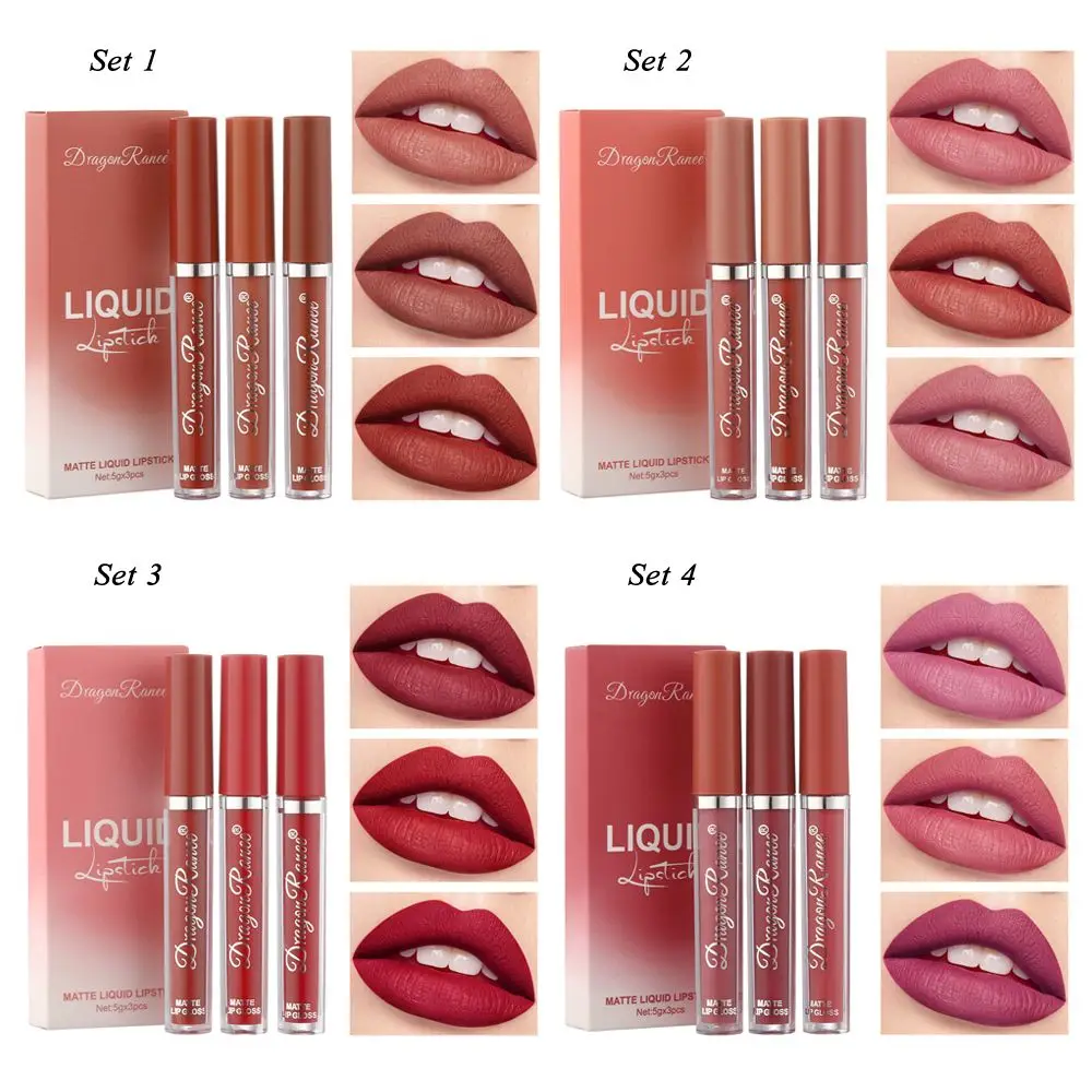 3PCS Fashion Cosmetics Long-Lasting Matte Lipstick Lip Gloss Velvet Lip Glaze Makeup Tools