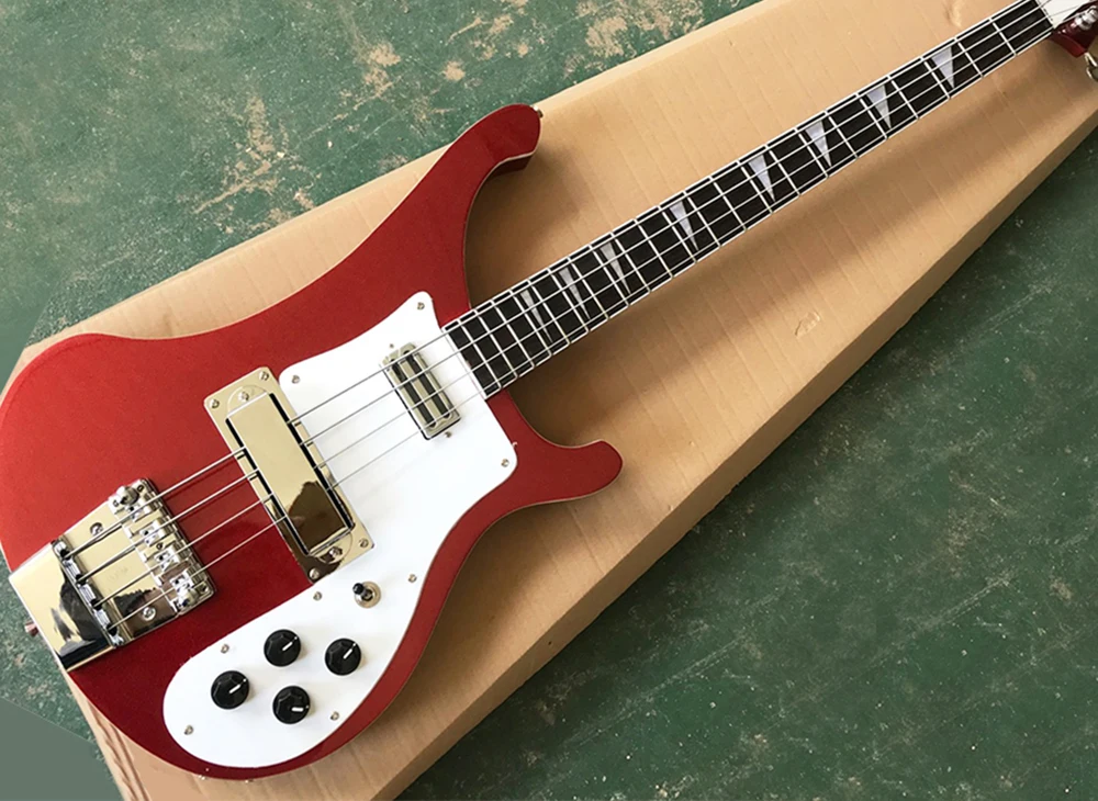 

4 Strings Metallic Red Electric Bass Guitar with White Pickguard,Rosewood Fretboard,Providing Customized Service