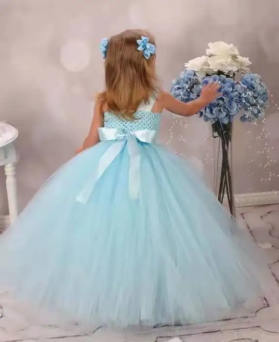 Girls Blue Rose Flower Tutu Dress Kids Crochet Tulle Dress Ball Gown Evening Banquet Dress Children Birthday Party Costume Dress