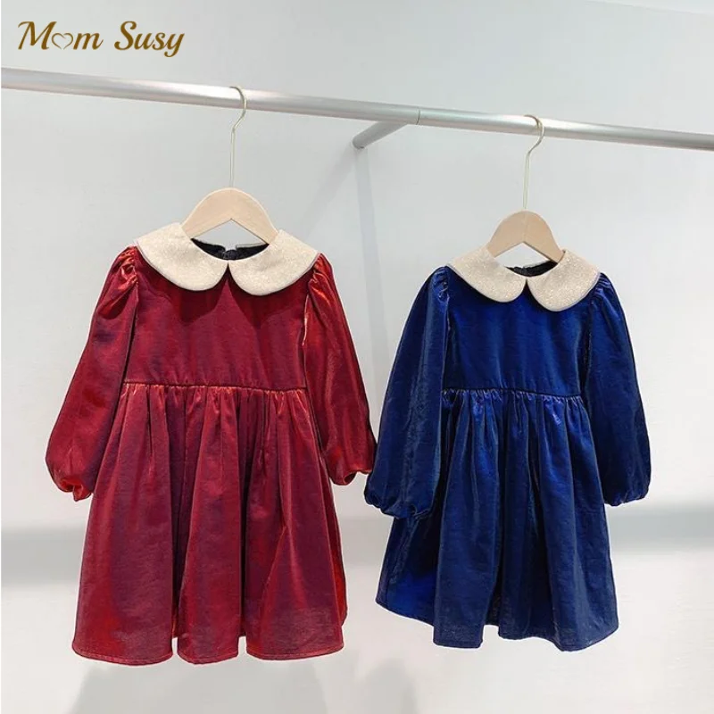 Baby Girl Princess Velvet Vintage Dress Long Sleeve Toddler Girl Vestido Collar Xmas Party Ball Birthday Baby Clothes 1-7Y