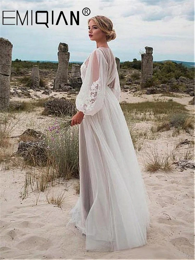 Fabulous Long Puff Sleeve Wedding Gowns, A-line Tulle Lace Bridal Gown, Appliqued Boho Wedding Dress,Vestido De Noiva