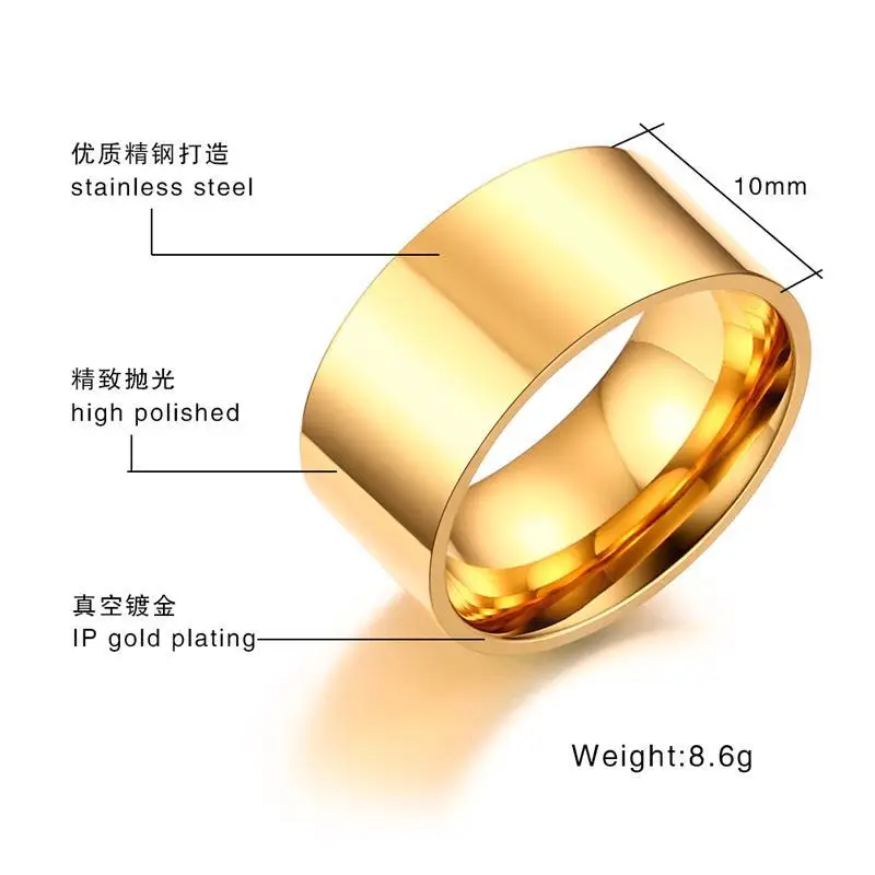 JeeMango Fashion 10mm Wide Glossy Ring For Men/Women Gold Color Stainless Steel Anniversary Party Ring Jewelry Anneau JR19159